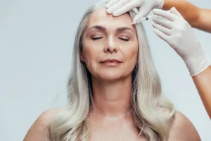 Gloved hands hold a syringe near a woman’s forehead while she rests with eyes closed